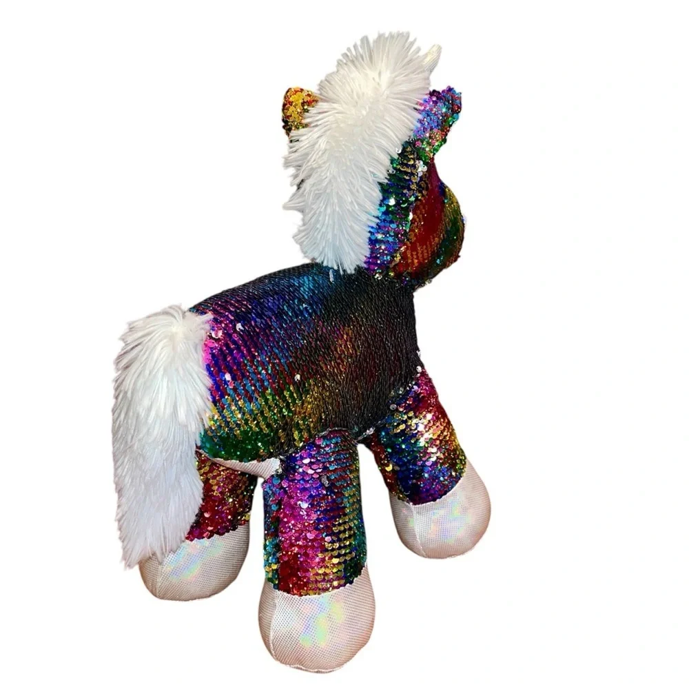 Rainbow/Silver Flip Sequin Unicorn Plush 8.5” x 14” x 17” - Picture 5 of 10